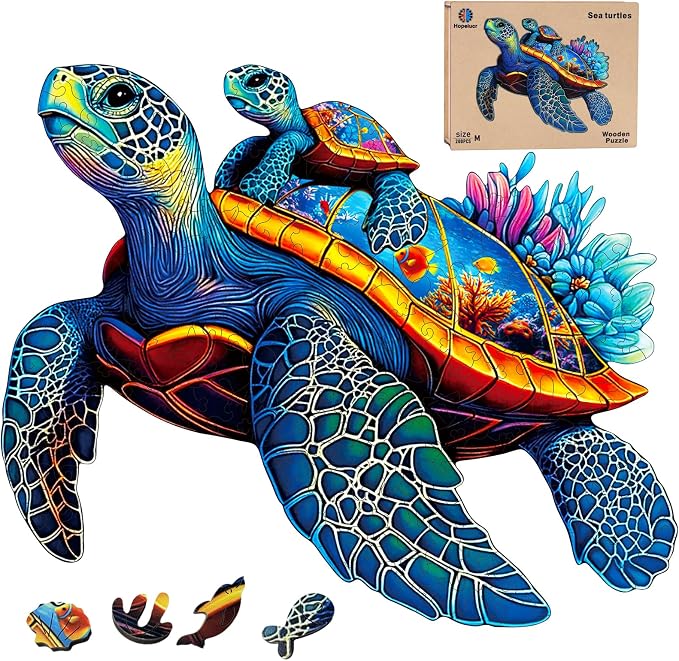 Wooden Jigsaw Puzzles for Adults Teens Kids, Parent & Baby Sea Turtle Wood Puzzle, Wooden Puzzles for Adults, Unique Animal Shaped Puzzle, Fun Challenging Family Games, 500pcs 17.2" x 14.2"