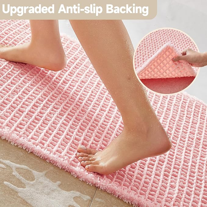Light Peachy Pink Bathroom Rugs, Waffle Bath Mat Non Slip Washable Quick Dry Cute Bath Mat Boho Farmhouse Bathroom Decor, 24"x16" Light Peachy Pink