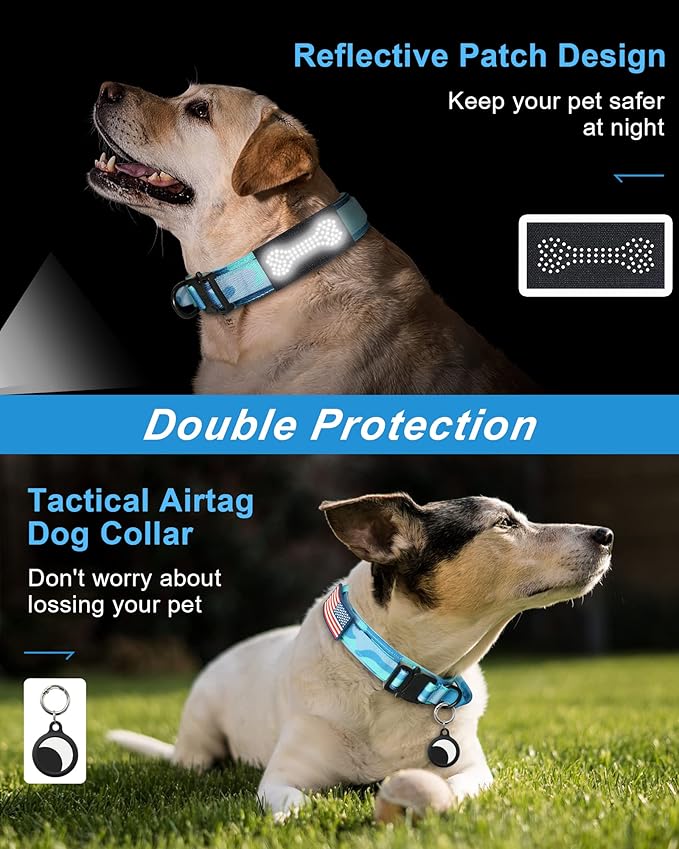 Hotsky Tactical Dog Collar and Leash Set, Heavy Duty Military Airtag Dog Collar with Handle and Metal Buckle for Training and Walking, with Airtag Holder and Two Patches (Blue Camo, XL)