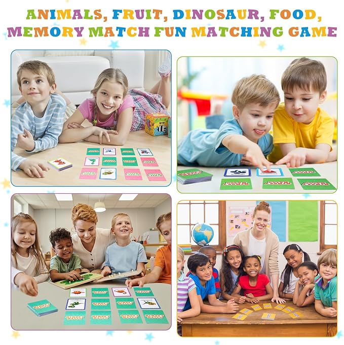 Zubebe 4 Sets Memory Matching Card Game Ages 4+, Family Party Game,Style 1 | Learning Toy with Animal Dinosaur Food Themes, Ideal for Family Night Classroom Prizes Party Favors, Builds Memory Skills