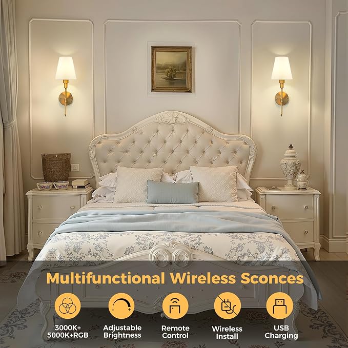 DORESshop Battery Operated Wall Sconce Set of 2, Wall Light Wireless Easy to