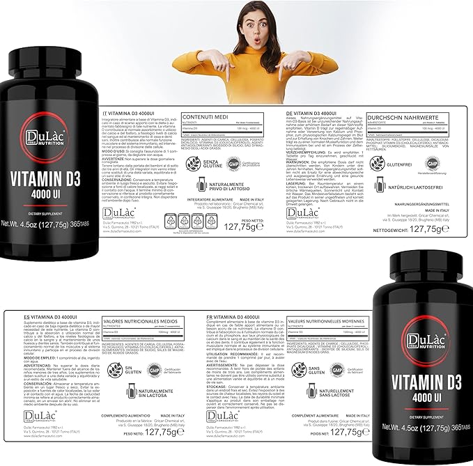 Dulàc - Vitamin D3 4000 IU Supplement, Promotes Calcium & Phosphorus Absorption, Supports Bones, Teeth, Muscles & Immune System, 365 Tablets, Made in Italy