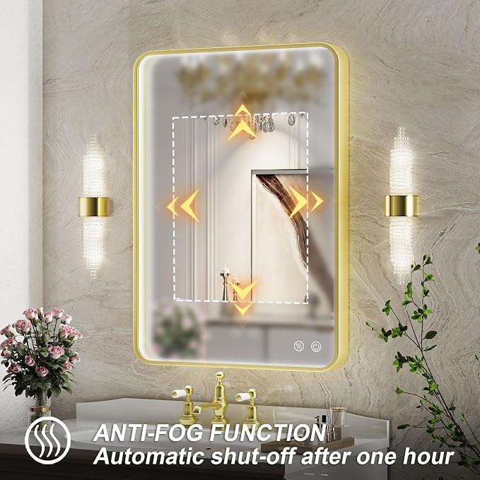 20X28 Inch Framed LED Lighted Bathroom Mirror, Wall Mounted Gold Metal Vanity