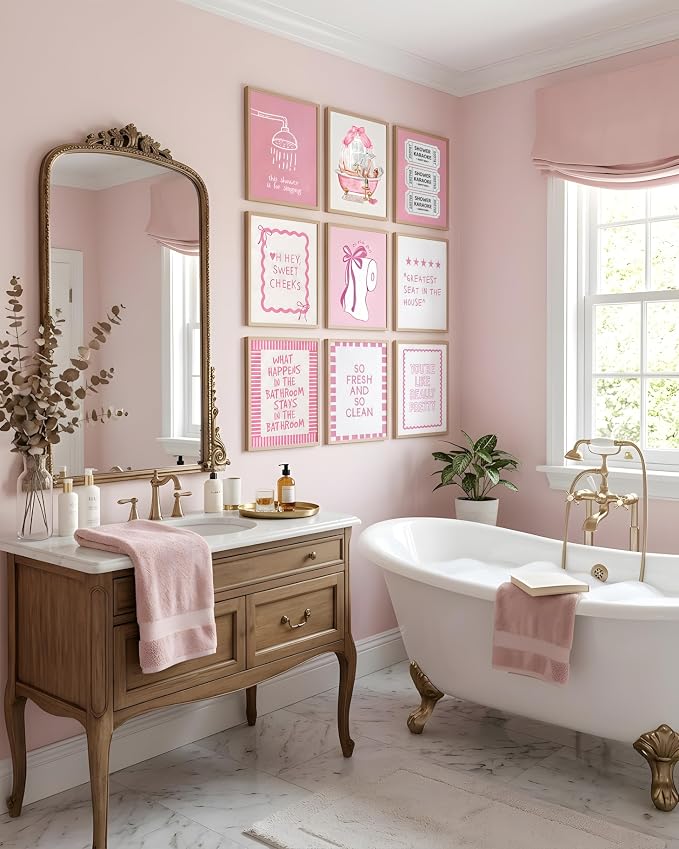 tgguytiy 9Pcs Pink Bow Bathroom Wall Art Prints, Coquette Bowknot Aesthetic