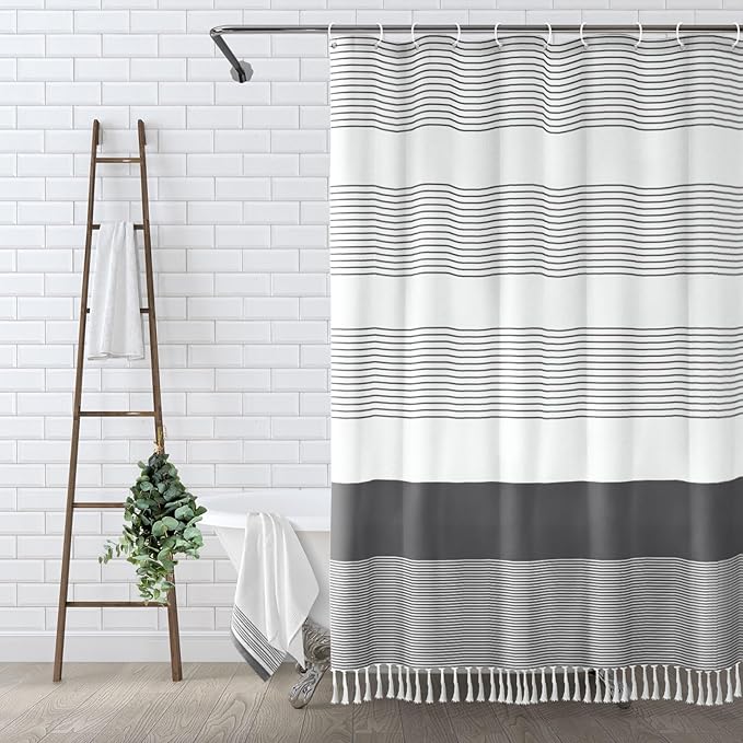 Awellife Gray Shower Curtain for Bathroom Stripe Tassel Shower Curtain 36 X 72 Farmhouse Cotton Boho Dark Grey