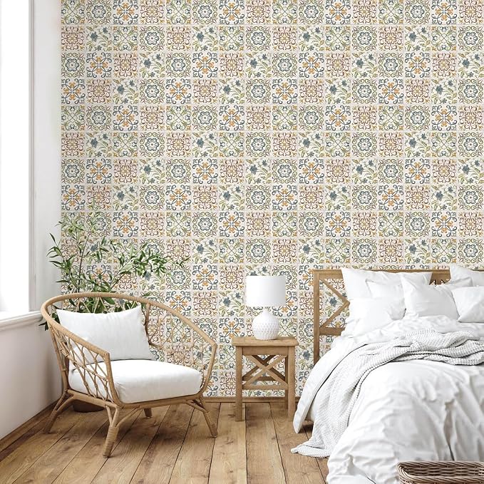 Wudnaye Bohemian Wallpaper Peel and Stick Faux Tile Contact Paper 17”×118” Tile