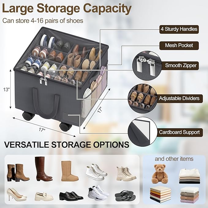 2 Pack Large Shoe Organizer for Closet, Adjustable Dividers Shoe Storage Box Bins with Wheels Clear Cover Reinforced Handle Side Pocket Fits up to 32 Pairs, Foldable Shoe Organizer for Entryway Grey