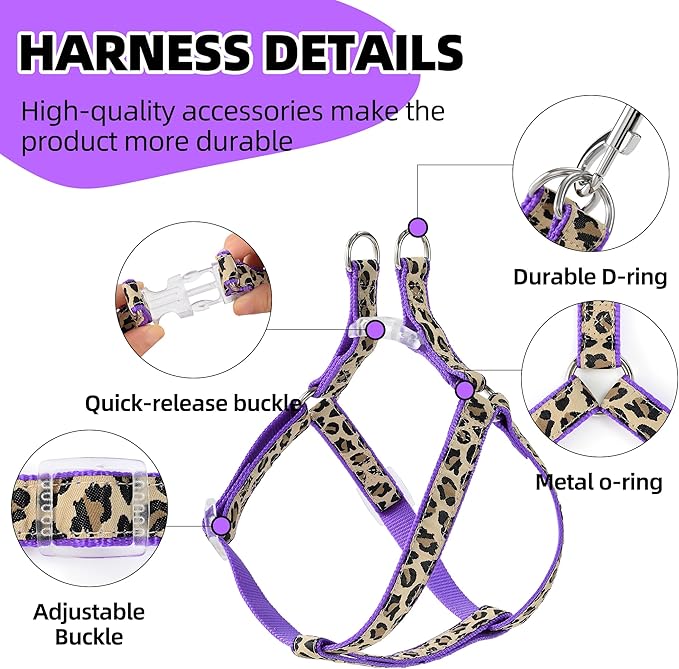 Mile High Life Leopard Dog Harness Collar Leash Set, Adjustable No Pull Dog Halter Harness for Small Breed Dogs, Easy Control for Training Walking (Black, XS Chest 9"-15", Neck 8"-12")