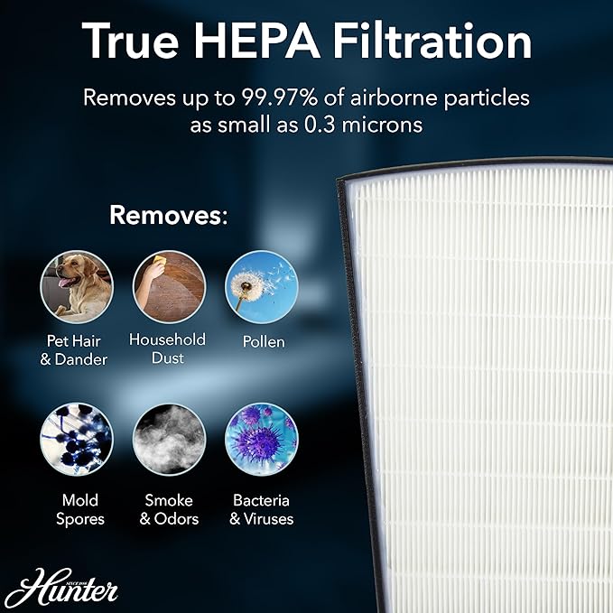 Hunter HP800 Air Purifiers for Home Large Room and Bedroom. True HEPA Air Purifier for Pets, Odors, Allergens, Smoke, Dust, VOC's. Value Bundle w/Extra Filter. Cleans 2585 Ft² per hour. Black