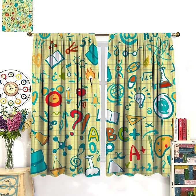 Science Physics Curtains, Abstract Math Chemistry Curtain Scientist Graffiti Print Window Treatments for Kids Teens Bedroom Living Room Set 2 Panels,42x54 Inches, Style-1