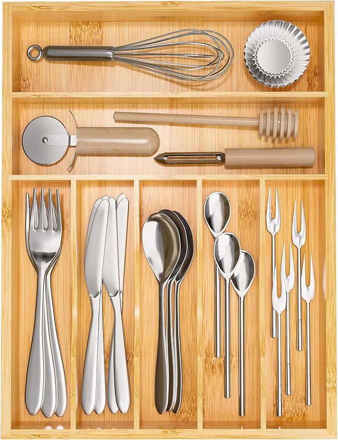 Flatware Organizer Silverware Drawer Organizer - 7 Slots Bamboo Cutlery Tray Multipurpose kitchen Drawer Organizer for Silverware, Utensils, Cutlery, Flatware, Knives W13”x L17” (Yellow)