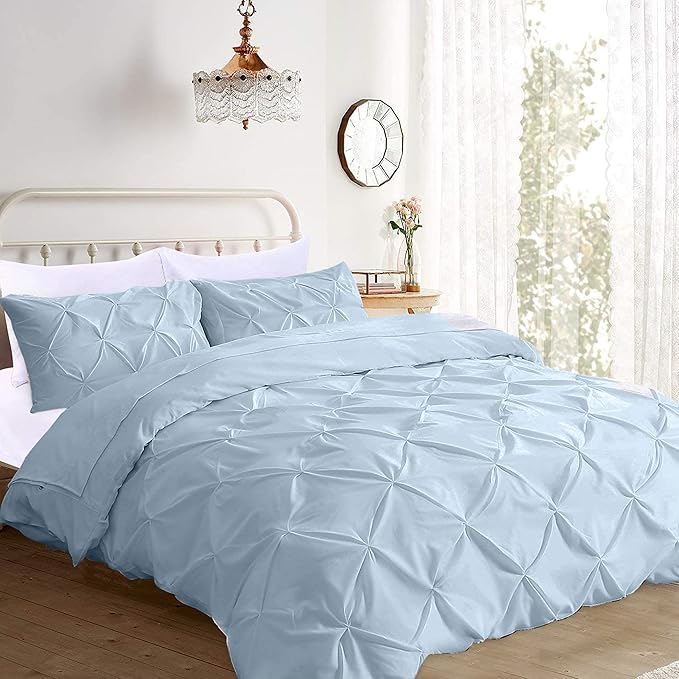 Pinch Pleated Duvet Cover Set 100% Brushed Microfiber 3PC Super King Plus Size 120x120 Duvet Cover Set, Decorative Pinch Design Sky Blue Duvet Cover with Matching Pillow Case