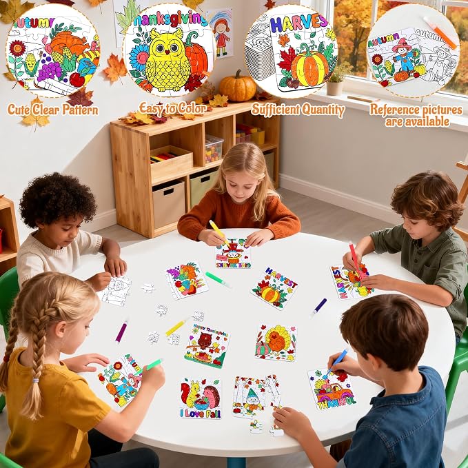 Fall Thanksgiving Arts & Crafts for Kids Autumn Activities DIY Puzzle Kit | 24Ps Thanksgiving Jigsaw Maple leaf Turkey for Fall Harvest Party Favors Classroom Gift Blank Coloring Game Toy Supplies Bulk