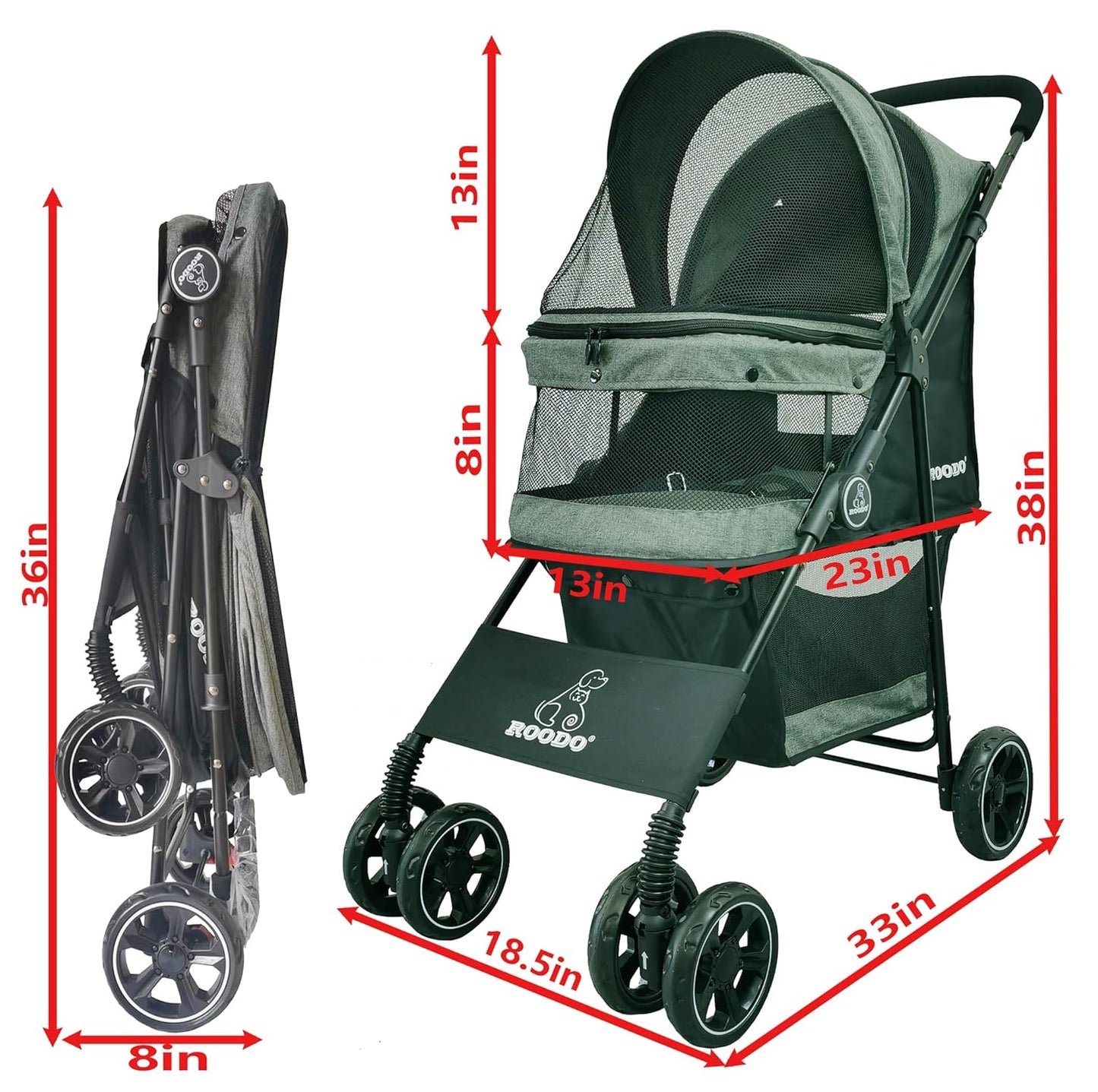 ROODO 4 Wheel Dog Cat Pet Stroller Best Lightweight Foldable Compact Portable Jogger All Terrain Travel Pet Gear Puppy Doggie Bunny Kitty Stroller for up to 30lbs Medium Small Dogs Cats(sage Green)