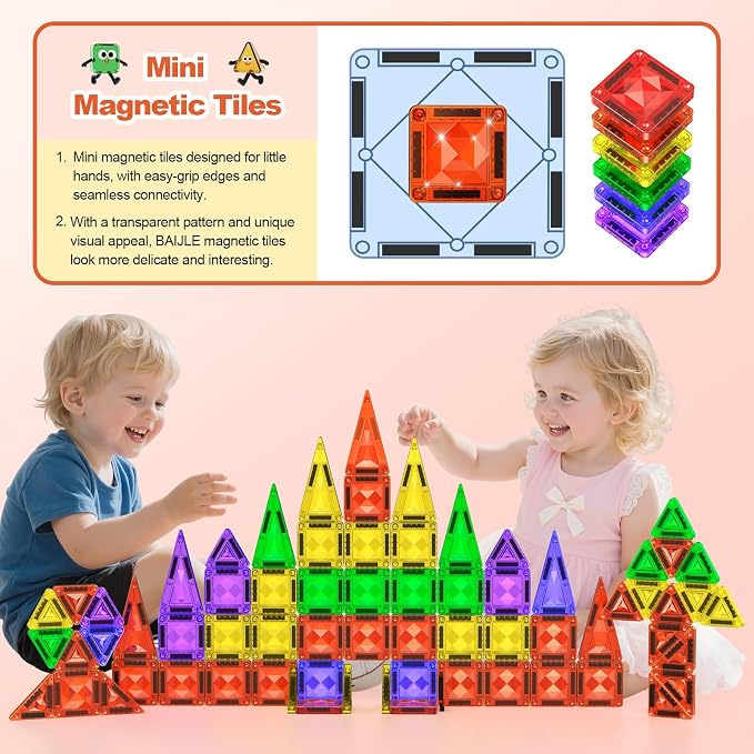 80PCS Mini Magnetic Tiles, Diamond Pattern Travel Magnetic Tiles Building Set with Case, Construction Toys for Kids 4-8 Portable Classroom Educational Learning Toddler Toys for Boys Girls Gift Ages 3+