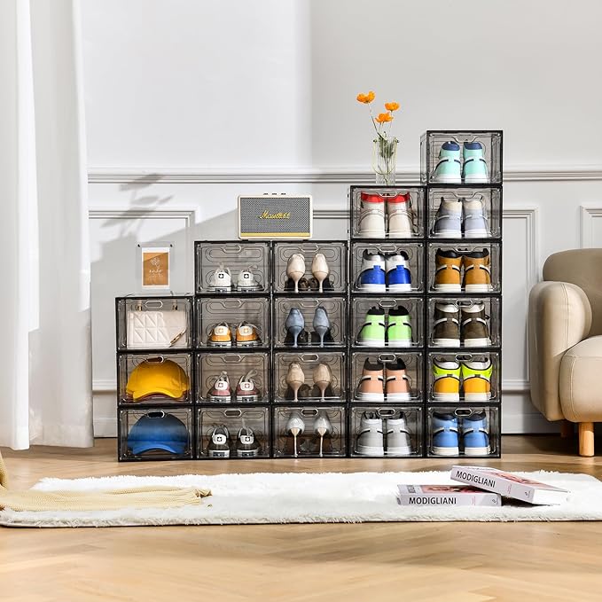 12 Pack Gray Transparent Shoe Storage Organizer, Stackable Shoe Boxes for Closet, Drop Front Plastic Shoe Box with Grey Door, Easy to Assemble, Fit up US Size 12(13.4”x 9.8”x 7.1”)