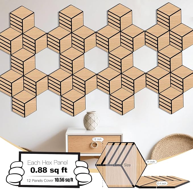 Mollywell Acoustic Panels, PVC Wood-Grain, 14x12 Inch Hexagon Carved Sound
