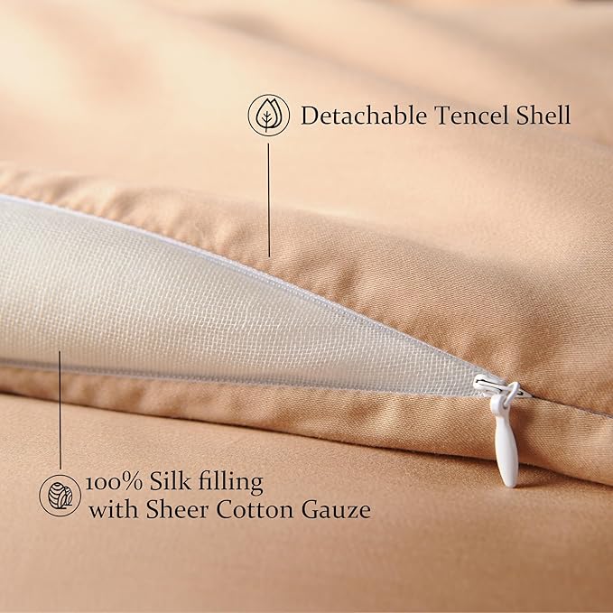 CUDDLE DREAMS Silk Filled Comforter for All Season, Detachable Tencel Duvet Cover for Easy Care, Naturally Breathable (Bronze, King)