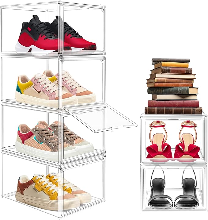 1 Pack Drop Front Acrylic Shoe Boxes with Magnetic Door Size 12, Clear Stackable Shoe Organizers Sneaker Display Cases for Closet, Entryway, Underbed, Multiple Display Cases for Caps, Figures