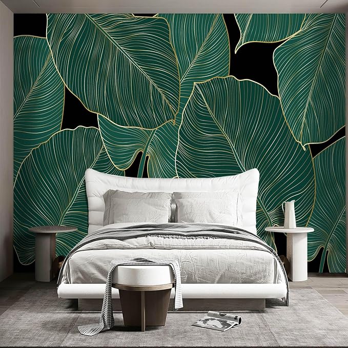 Black and Gold Leaf Mural Bedroom Tropical Green Botanical Wallpaper Room Plant