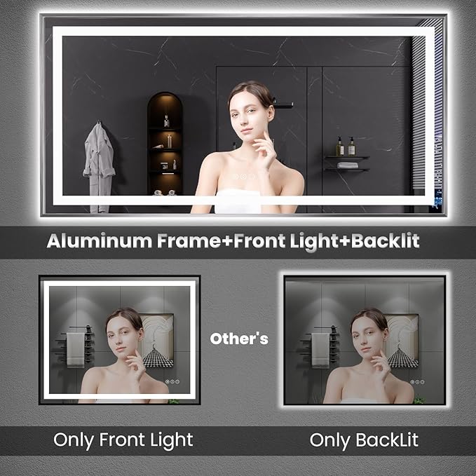 Amorho 48" X30" LED Bathroom Mirror, Brushed Nickel Framed Mirror with Front Light and Backlit, Stepless Dimmable, Anti-Fog, Shatter-Proof, Memory, 3 Colors