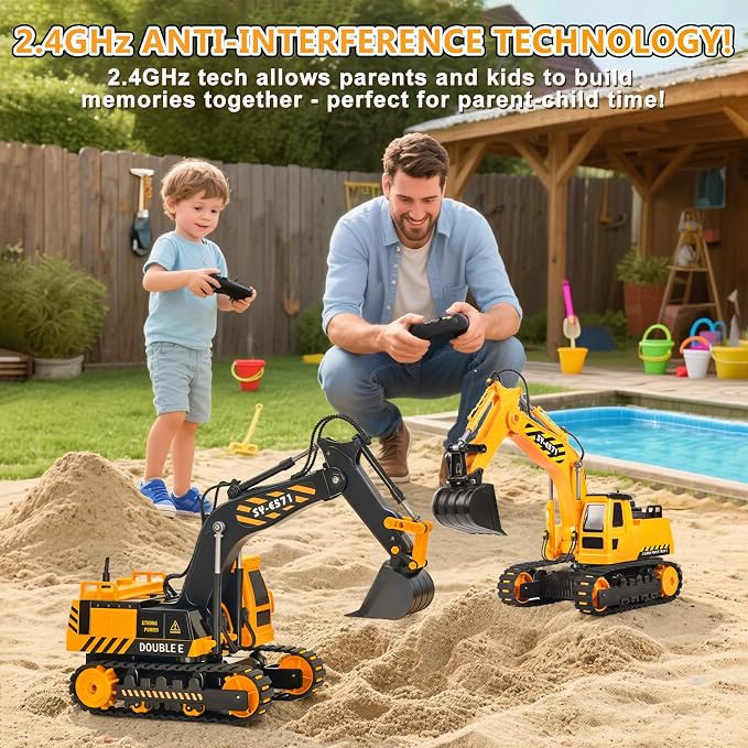 DOUBLE E Remote Control Excavator Toy, RC Excavators Sandbox Digger Hydraulic Construction Toys - Realistic Construction Vehicle with 6 Functions, Xmas Gift for Kids 3-14 Years