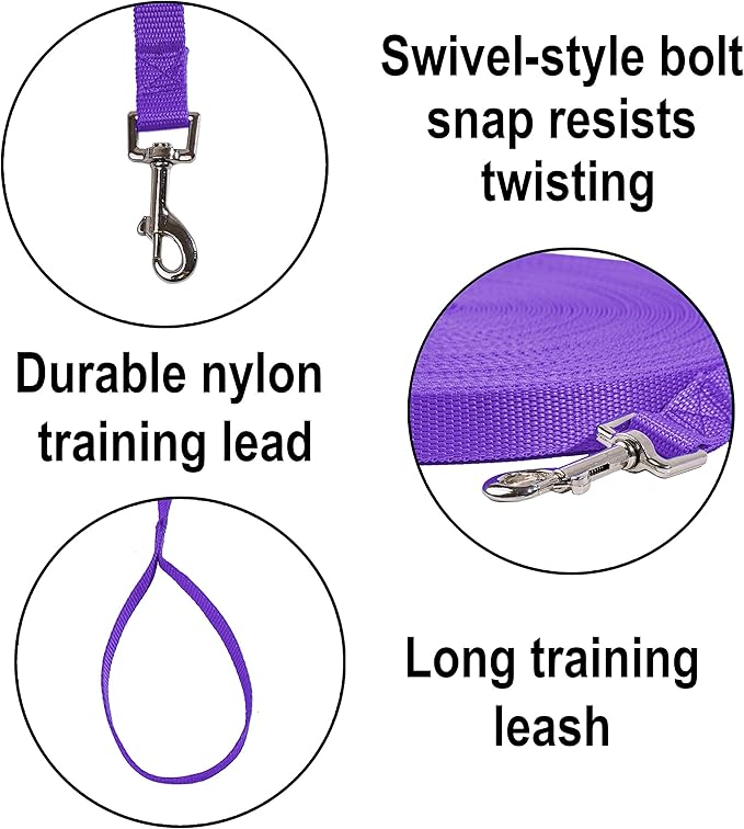 Hi Kiss Dog/Puppy Obedience Recall Training Agility Lead - 15ft 20ft 30ft 50ft 100ft Training Leash - Great for Training, Play, Camping, or Backyard Purple 30 Feet