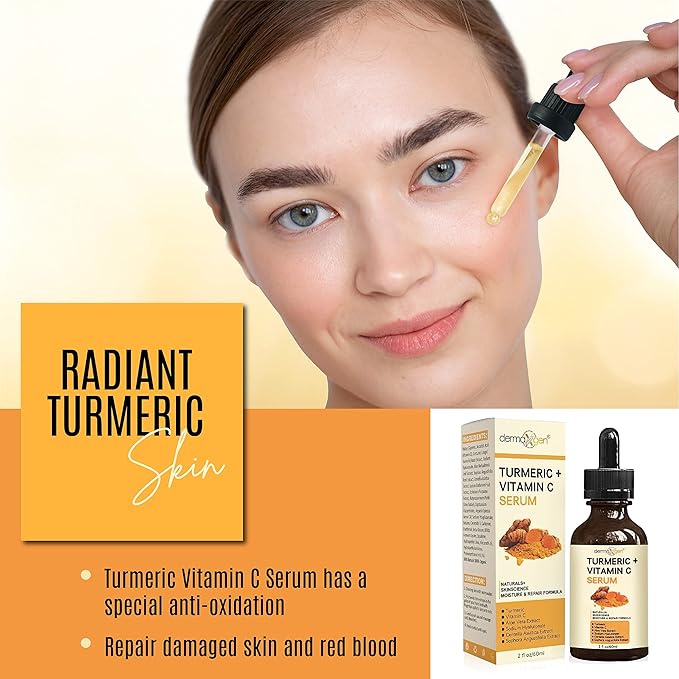Turmeric Serum for Face + Glow-Boosting Vitamin C Serum –Organic Moisturizer for Acne, Dark Spots & Clear Skin– Boosts Hydration for Dry & Tired Skin – Anti-Aging Formula for Glowing Skin, 2 FL OZ