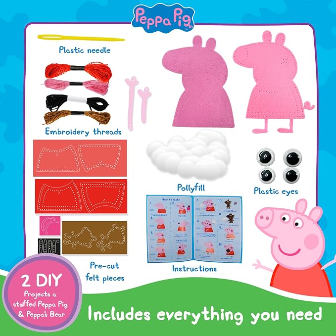 My First Sewing Kit for Kids – Peppa Pig Beginner Kids Easy DIY Projects Peppa Pig & Peppa's Bear, Complete Arts & Crafts Set with Instructions & Felt – Girls, Boys Learning to Sew & Embroider