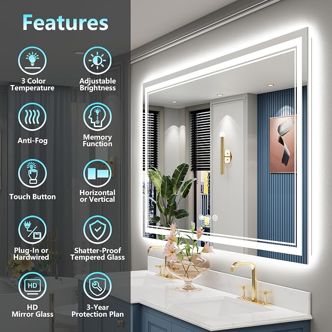60x36 LED Bathroom Mirror with Lights, Backlit and Front Lit Anti-Fog Lighted