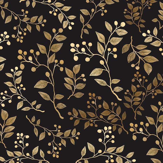 Dark Floral Peel and Stick Wallpaper, Vintage Gold Leaf Self-Adhesive Contact