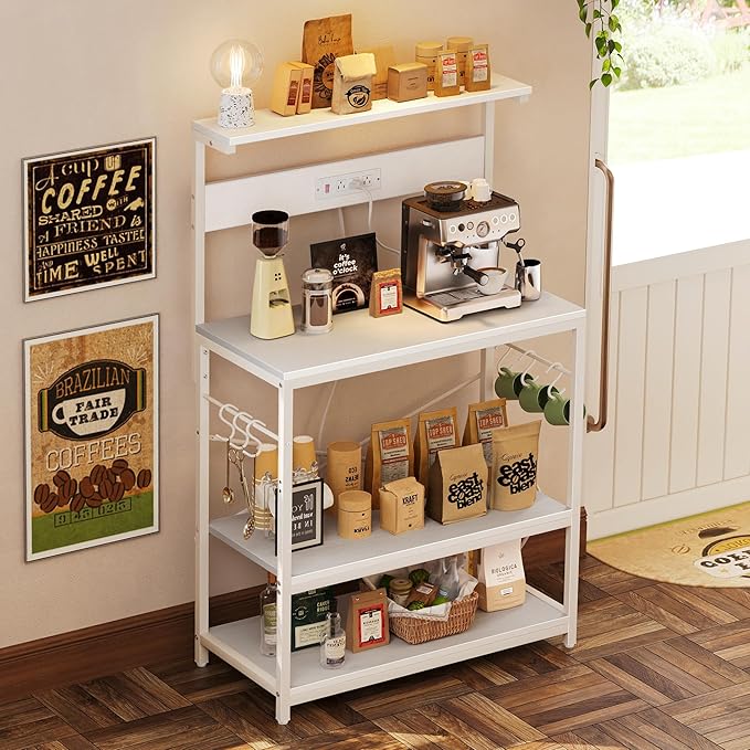SUPERJARE Bakers Rack with Power Outlets, Microwave Stand, 31.5 X 16.5 Inch Larger Desktop, Kitchen Storage Rack with Adjustable Middle Shelf, 6 S-Shaped Hooks, Coffee Bar Stand, White