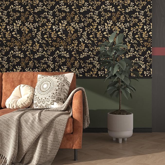 Dark Floral Peel and Stick Wallpaper, Vintage Gold Leaf Self-Adhesive Contact