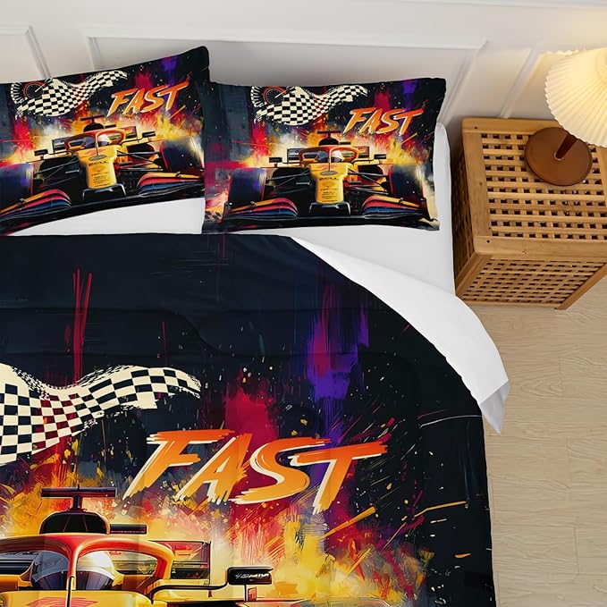 F1 Race Car Comforter Set Twin for Boys，Boys Twin Size Bedding Set Race Car，with 1 Comforter with 2 Pillow Case，F1 Race Car Themed Bedroom Decor