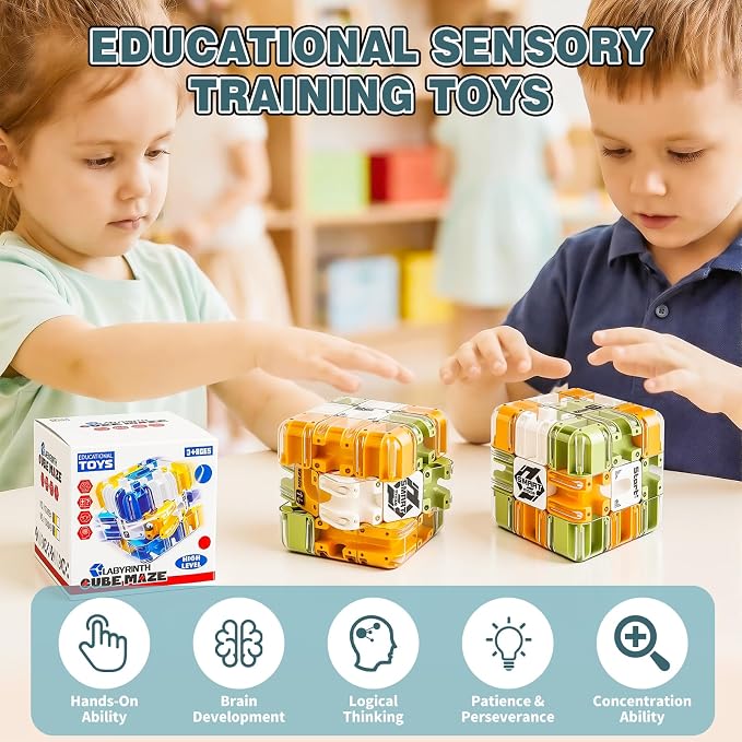 3D Maze Cube Ball Puzzle Brain Teaser for Adults & Kids, Educational Learning Toys Logical Thinking, Family Board Games Tabletop, Durable Puzzle Cube (Green&Brown&White, 2.7x2.7x2.7)