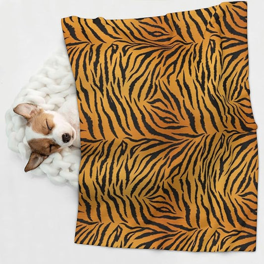 Pet Blanket for Travel and Home, Animal Print Tiger Black Gold, Reversible Plush Dot Design with Soft Grip Texture on One Side Perfect for Car Seats Moving Vehicles