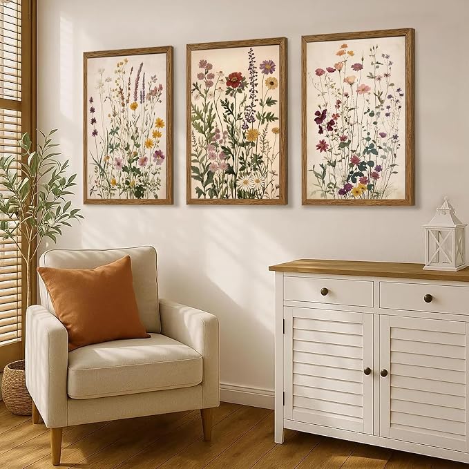 WRFON Botanical and Flower Canvas Wall Art, Framed Wildflower Wall Art Set of 3