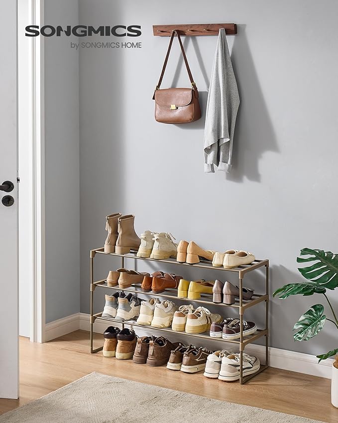 SONGMICS Shoe Rack, 3-Tier Shoe Organizer, Metal Storage Shelf, Upright or Upside Down, for 16-20 Pairs, Stackable, for Entryway, 11.8 x 36.2 x 21.7 Inches, Walnut Brown ULSA303K01