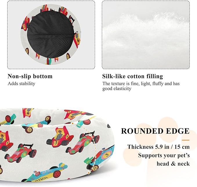 Dog Bed Race Cars Sleeping Pet Bed with Anti-Slip Bottom for Small Medium Dogs and Cats, Round Calming Sleeping Washable Puppy Beds 13 in