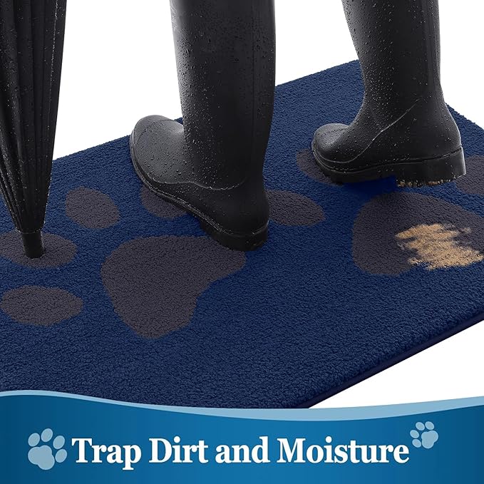Buganda Dog Door Mat for Muddy Paws, Absorbent Dirt Trapper Washable Indoor Doormats, Non Slip Low-Profile Mud Mat for Dogs, Front Entrance Doormat for Inside Floor (30x20 Inches, Navy)