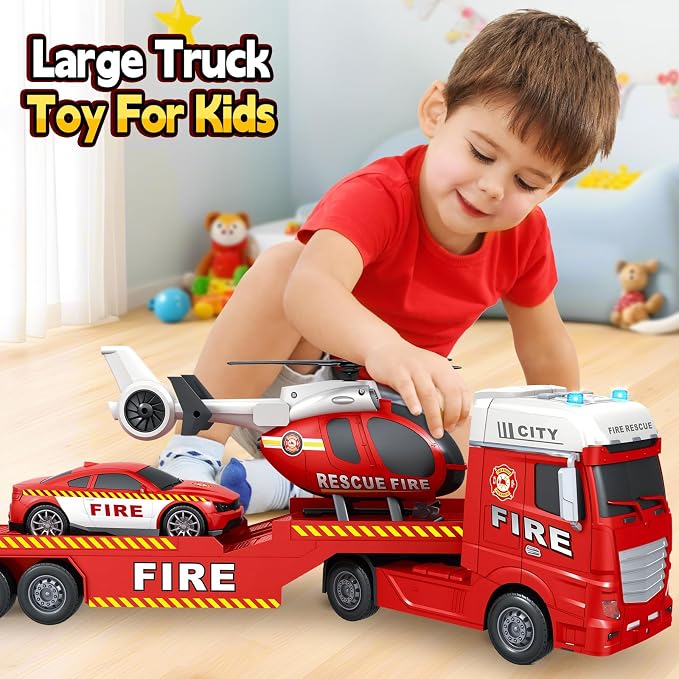 Kids Toys for 3 4 5 6 7 8 Years Old Boys, 25" Fire Truck Toy with Racing Car and Helicopter, Toddler Friction Powered Truck Vehicle Toy with Lights, Sounds for Boys Girls Christmas Birthday Gifts