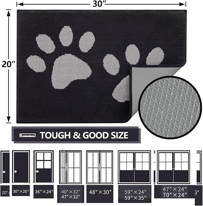 Buganda Dog Door Mat for Muddy Paws, Absorbent Dirt Trapper Washable Indoor Doormats, Non Slip Low-Profile Mud Mat for Dogs, Front Entrance Doormat for Inside Floor (59x24 Inches, Black and Grey)