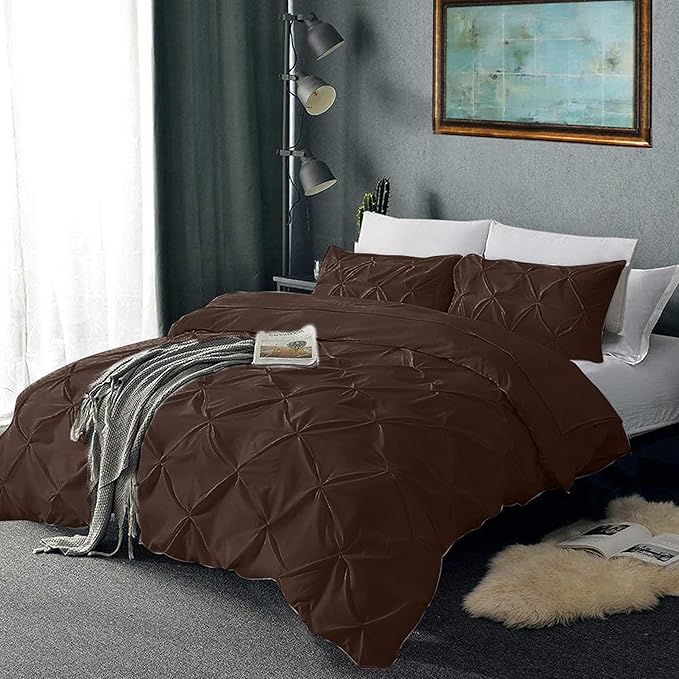 Pinch Pleated Duvet Cover Set 100% Cotton 3PC Alaska King Size 120x132 Duvet Cover Set, Decorative Pinch Design Brown Duvet Cover with Matching Pillow Case