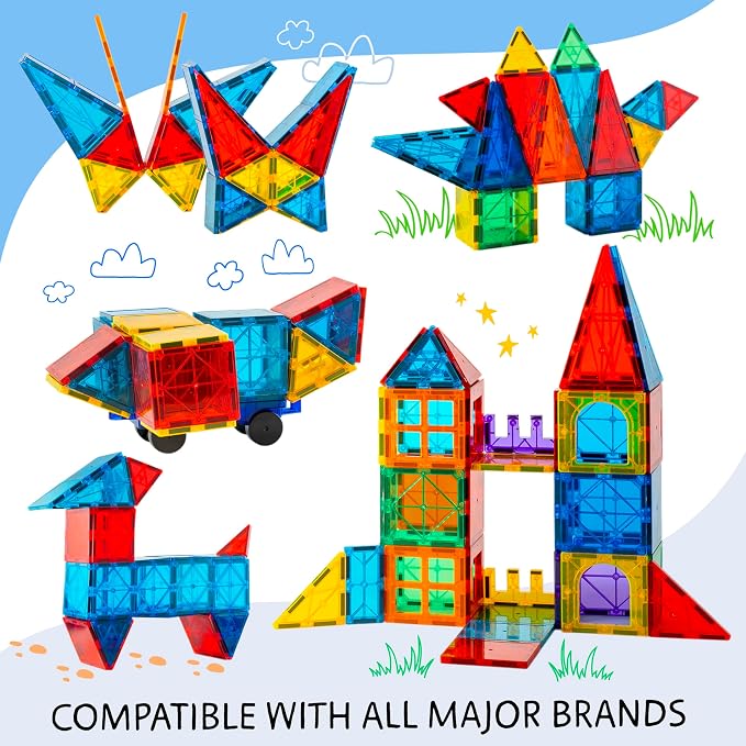 SUNNY AUNTIE Magnetic Tiles STEM Toys Building Set, Ages 3+ - 125 Pieces | Magnetic Tiles Building Toys, STEM Toys, Magnetic Blocks Construction Set, with 2 Cars & Guide Booklet for Kids Ages 3+