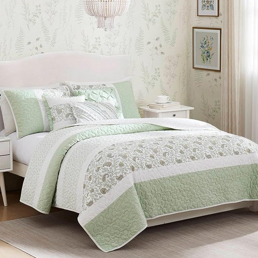 Madison Park Queen Quilt Set Cotton Coverlet Set with Cotton Filling for Queen Size Bed, All Season, Lightweight Queen Cotton Quilt Include Shams, & Décor Pillows, Dawn, Full/Queen Sage Green 6 Piece