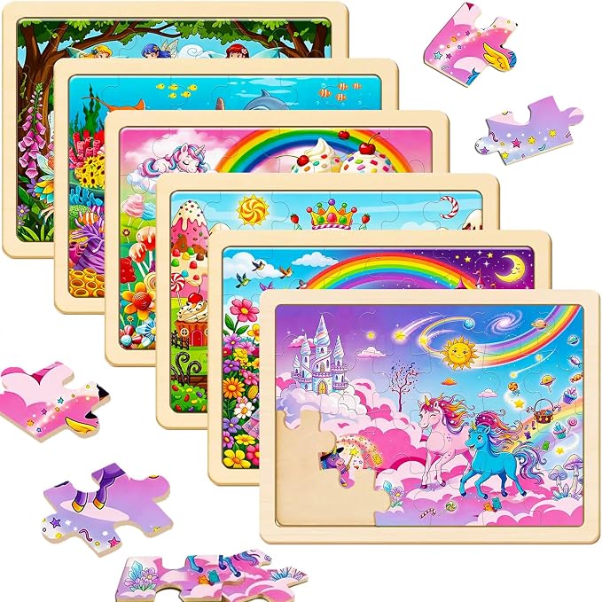 Puzzles for Kids Ages 3-5, 6 Pack Wooden Jigsaw Puzzles 24 Pieces | Unicorn Princess Mermaid Toys, Gift Box, Easter Christmas Birthday Gifts