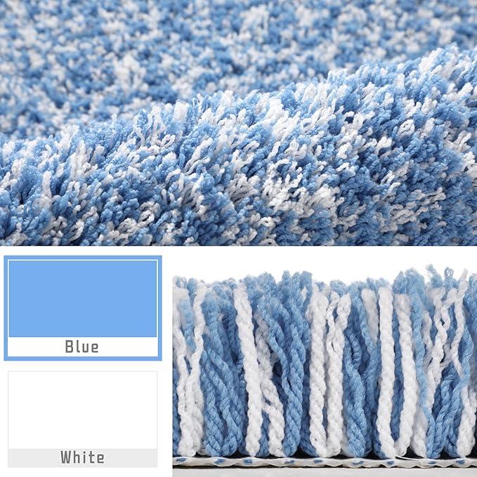 Yimobra Toilet Rugs U Shaped Washable 24x20, Ultra Soft and Water Absorbent Bath Mats, Non Slip Fluffy Shaggy Luxury Microfiber Contour Bath Rugs for Toilet, Dry Quick, Blue and White