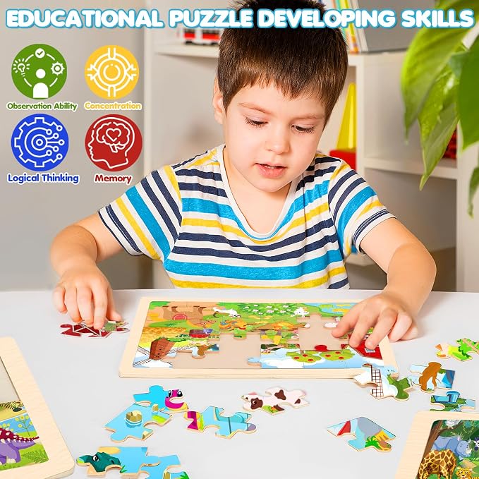 4-Pack Wooden Puzzles for Kids Ages 3-5, 24-Piece Animals Toddler Set | Toddler Puzzles Ages 3-5, Preschool Puzzles with Wooden Jigsaw Boards for Fine Motor Skills, Shape Recognition and Travel