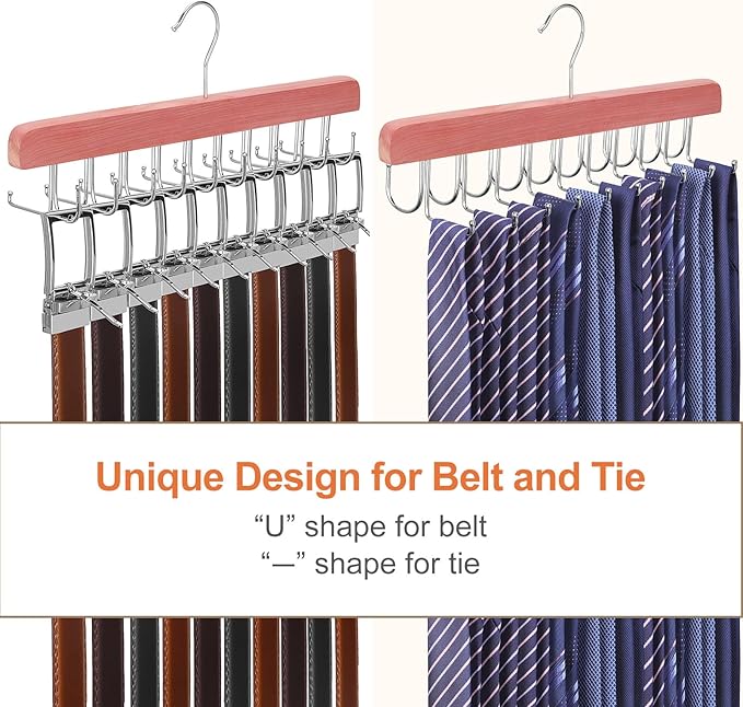 TOPIA HANGER Cedar 2 in 1 Belt Tie Hanger for Closet Max 30 Belts with 30 Ties Capacity, 20 Hooks Belt Tie Racks Hanger for Closet Organizer Storage “U” Fit Belt and “一” Fit Tie - CT53C