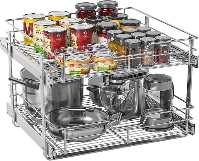 ZOINLIY Pull Out Cabinet Organizer, Versatile Slide Out Kitchen Organizers and Storage,Heavy Duty Drawer Cupboard Storage Basket, Smooth Sliding, Chrome Finish (2-Tiers-22¼''W×22“D)